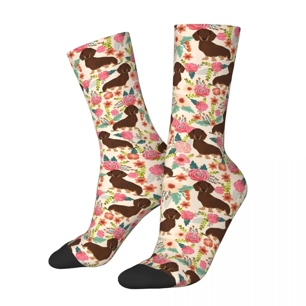 Doxie Florals  Chocolate And Tan Doxie Men's Socks Vintage Harajuku Street Style Novelty Casual Crew Sock