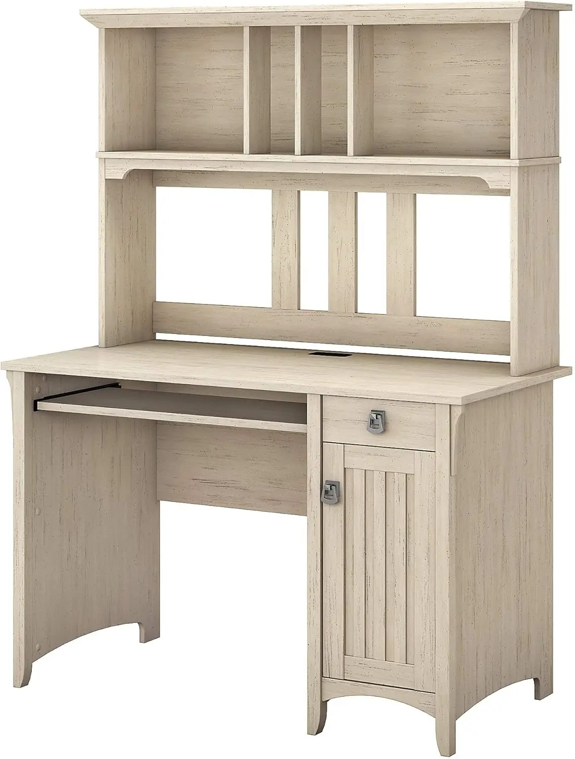 

Small Computer Desk with Hutch in Antique White Desktop Includes Wire Management to Keep Your Work Area Free from Cords Cables