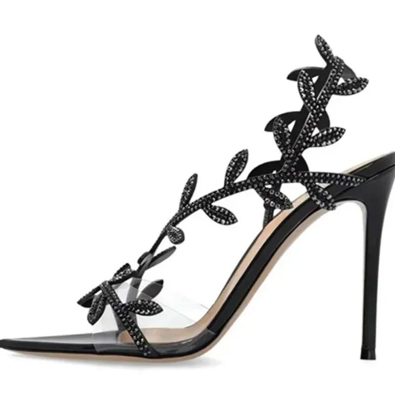 

Лето 2023, женские сандалии из ПВХ с прозрачными кристаллами и острым носком, модные вечерние туфли на тонком каблуке в форме листа