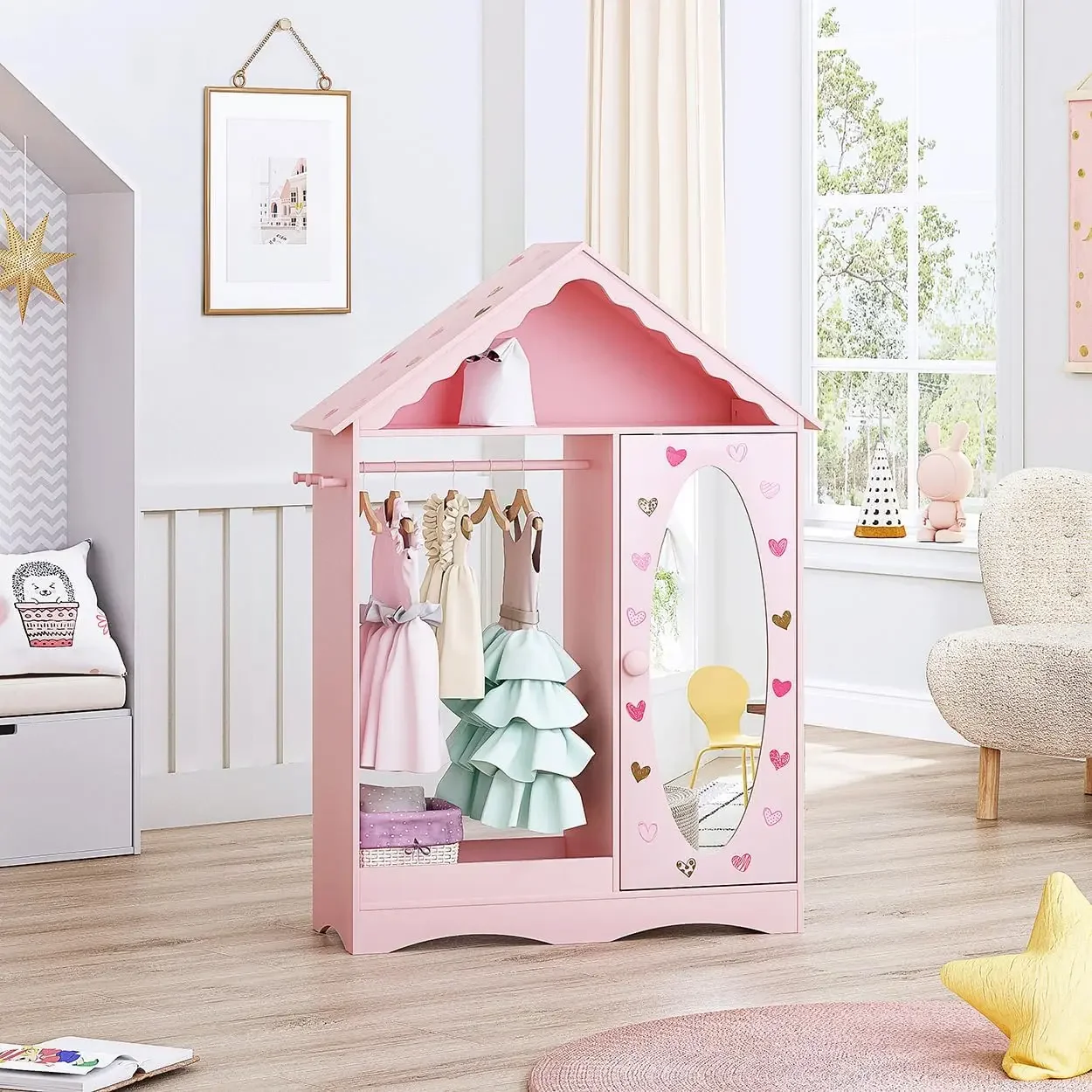 Kids Dress Up Storage with Mirror, Kids Wardrobe Closet, Dress Up for Little Girls, Open Hanging Kids Costume Organ