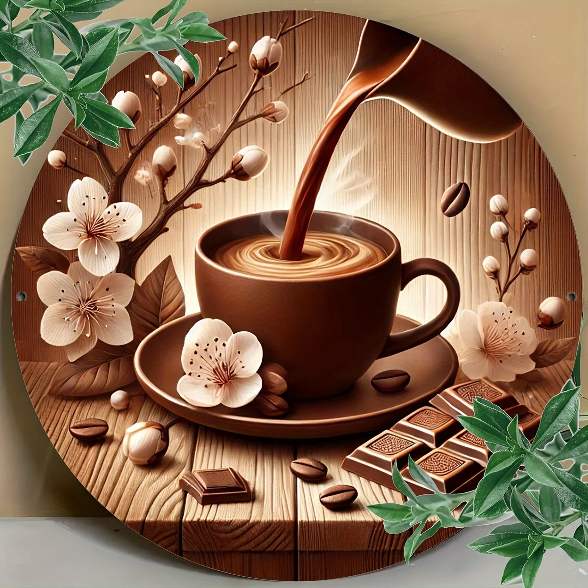 [2D Flat] 1pc of 8-Inch (7.87 X 7.87 inch) Round Metal Wall Art Featuring Coffee Cups And Chocolate with Floral Accents, Waterpr