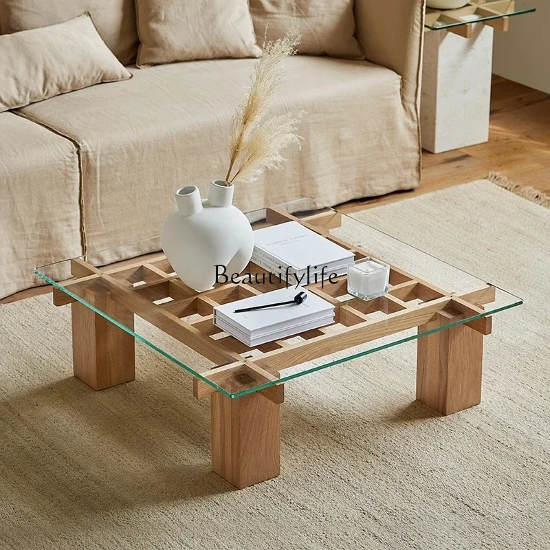 

ls 42Grid solid wood glass coffee table living room wabi sandy wind log modern simplicity