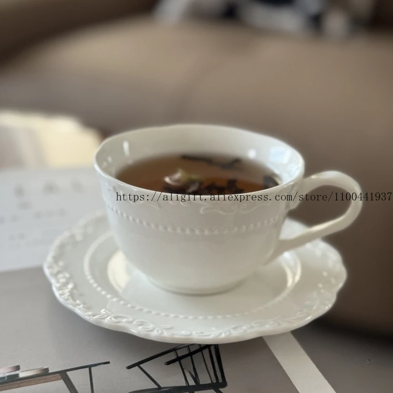 French Light Luxury Embossed Floral Coffee Cup And Plate Set Exquisite Afternoon Tea Ceramic Cup