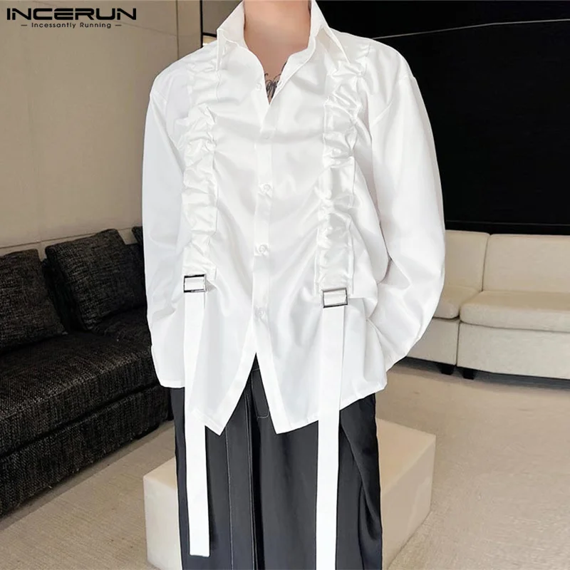 Stylish Casual Style Tops INCERUN Men's Buckle Strap Pleated Design Shirt Male Personality Solid Color Long Sleeved Blouse S-5XL