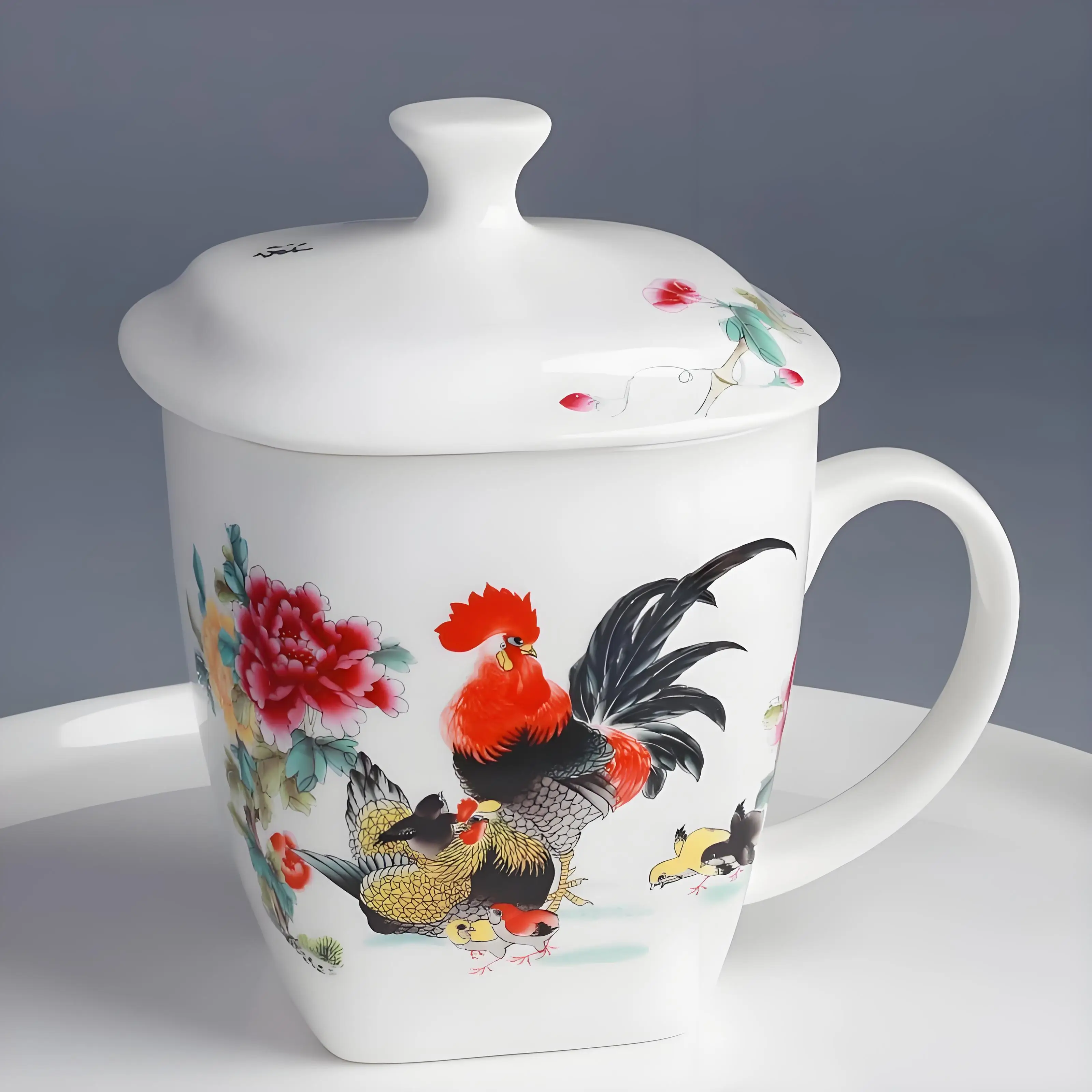 500ML, Bone china tumbler, ceramic wake up cup with lid, Chinese design, coffee mug, thermo mug for office, porcelain drinkware