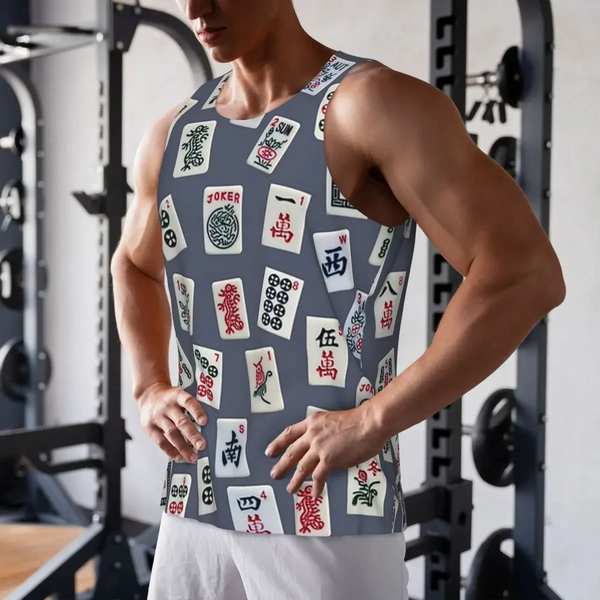 Quick Dry Mahjongg Game Tiles Design On Blue Color Gym Tank Muscle Sleeveless Shirt Bodybuilding Breathable Vest