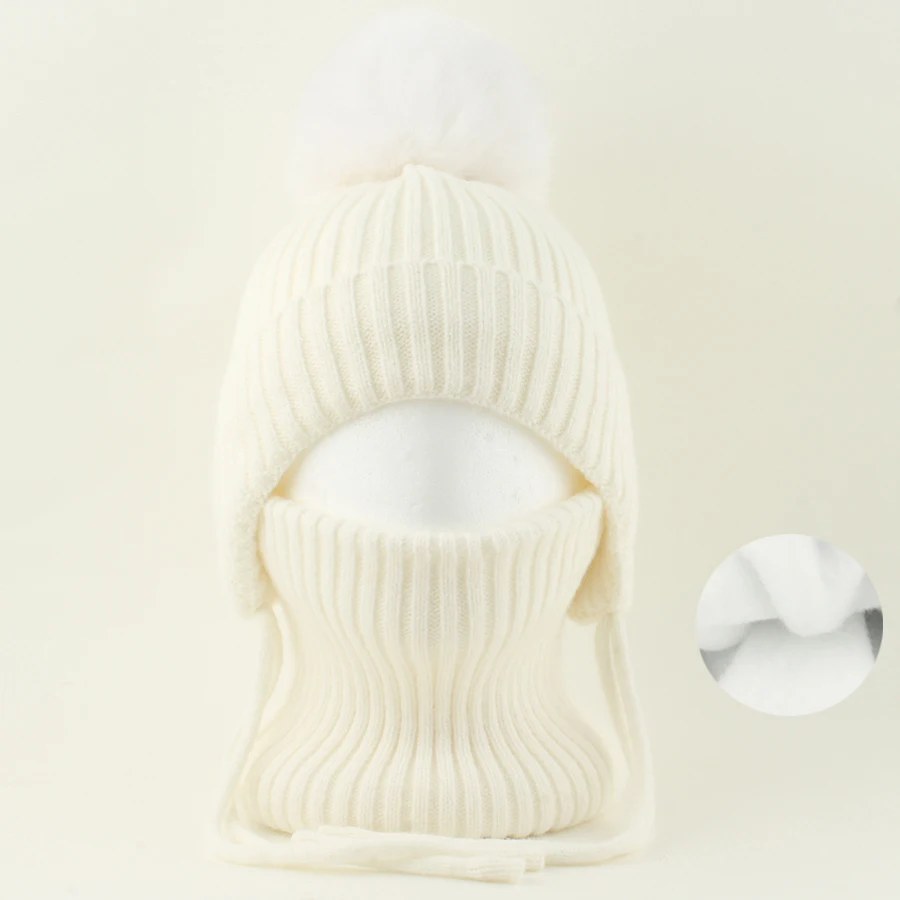 Winter-Wollmütze mit Nackenschutz 2-teiliges Set Echte Fuchsfell-Mütze für Kinder Jungen Mädchen Dicke Fleece Warme Gestrickte Gestreifte Ohrenklappe Baby Skullies Mütze – Detail 18