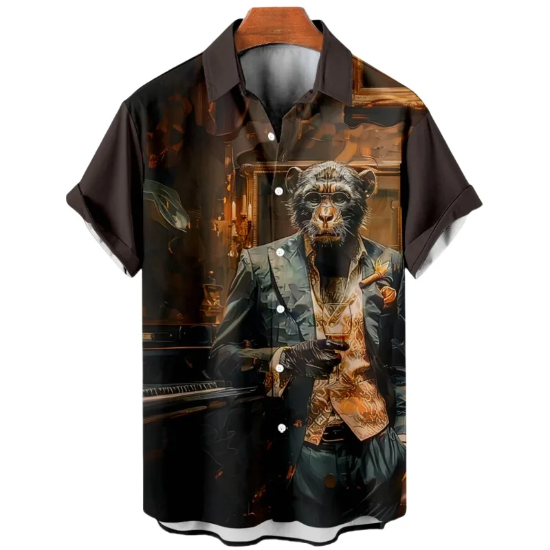 Camicia stampata orangutan da uomo estiva Camicie con risvolto a maniche corte Streetwear Camicie larghe con grafica animale per uomo Taglia europea 5XL