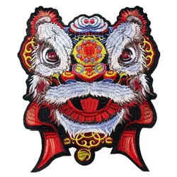 Red Chinese Lion Head Sew On Patches Embroidered Badges Lucky Animal For Clothes DIY Appliques Craft Decoration