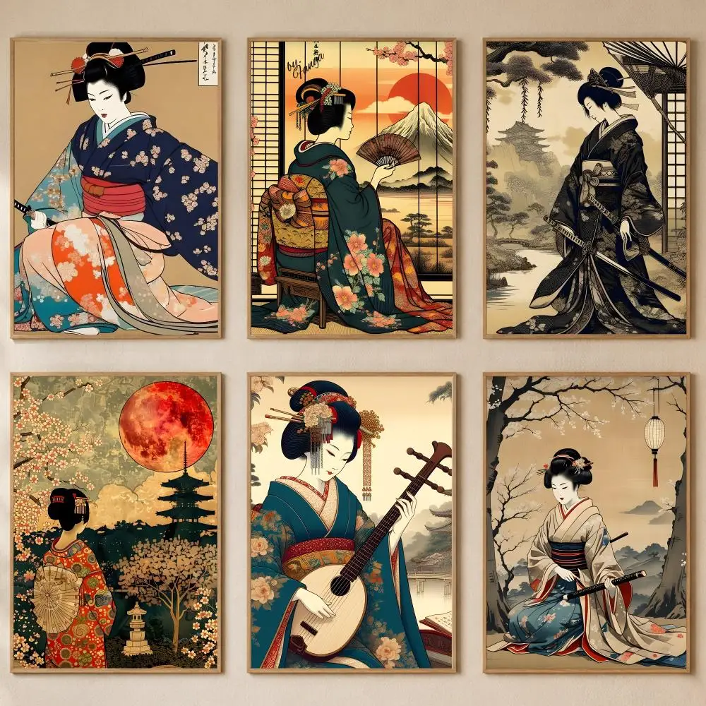 Traditional Art Japanese Geisha Poster PP Self-Adhesive Bedroom Gaming Cafe/Bar Vintage Aesthetic Decor Ideal Gift