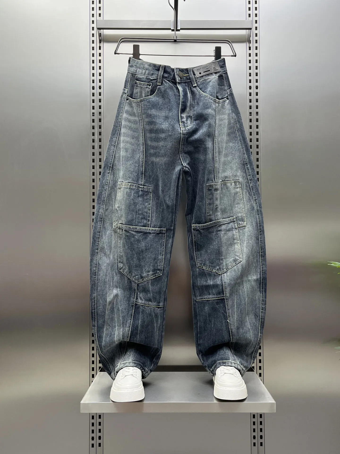 

Retro Patchwork Men's Denim Jeans Autumn Winter Loose Casual Straight Leg Pants Multiple Pockets Wide Leg Knife Pants