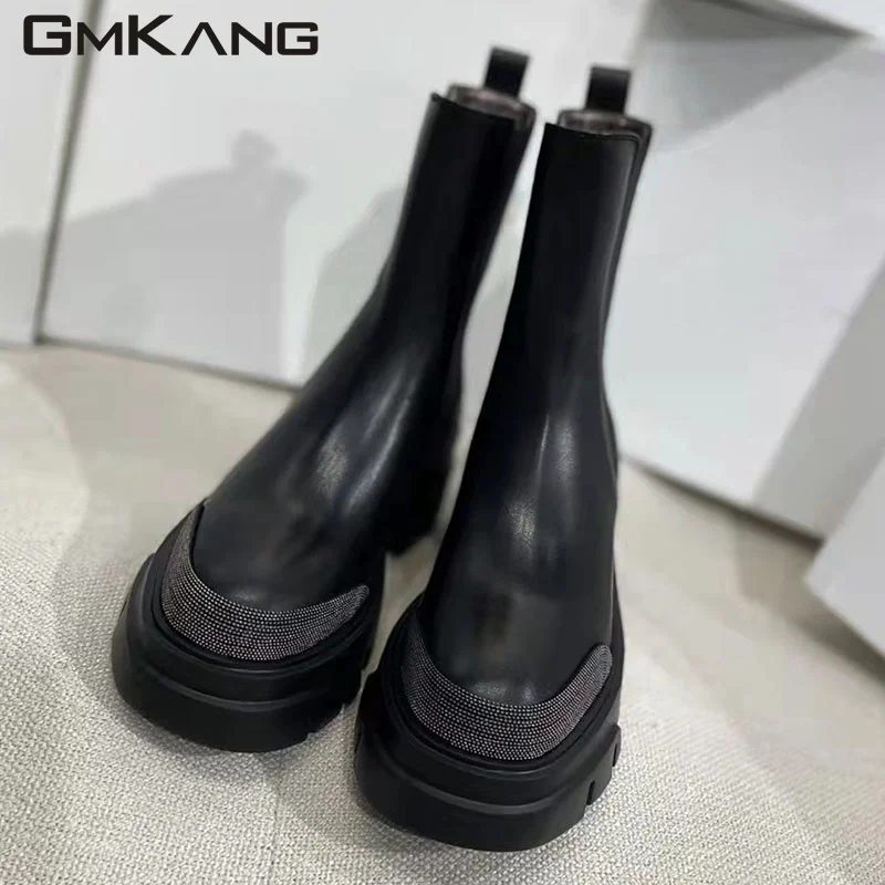 

Hot Sale Ankle Boots Women Genuine Leather Black White Short Boots Round Toe Chain Decoration Thick Sole Motorcycle Boots Woman