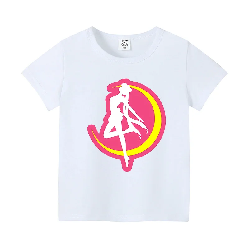 Sailor Moon Children T-shirt Cartoon Printed Short Sleeve Shirt Cute White Black Base Tee Tops Cotton Clothing Kid Birthday Gift