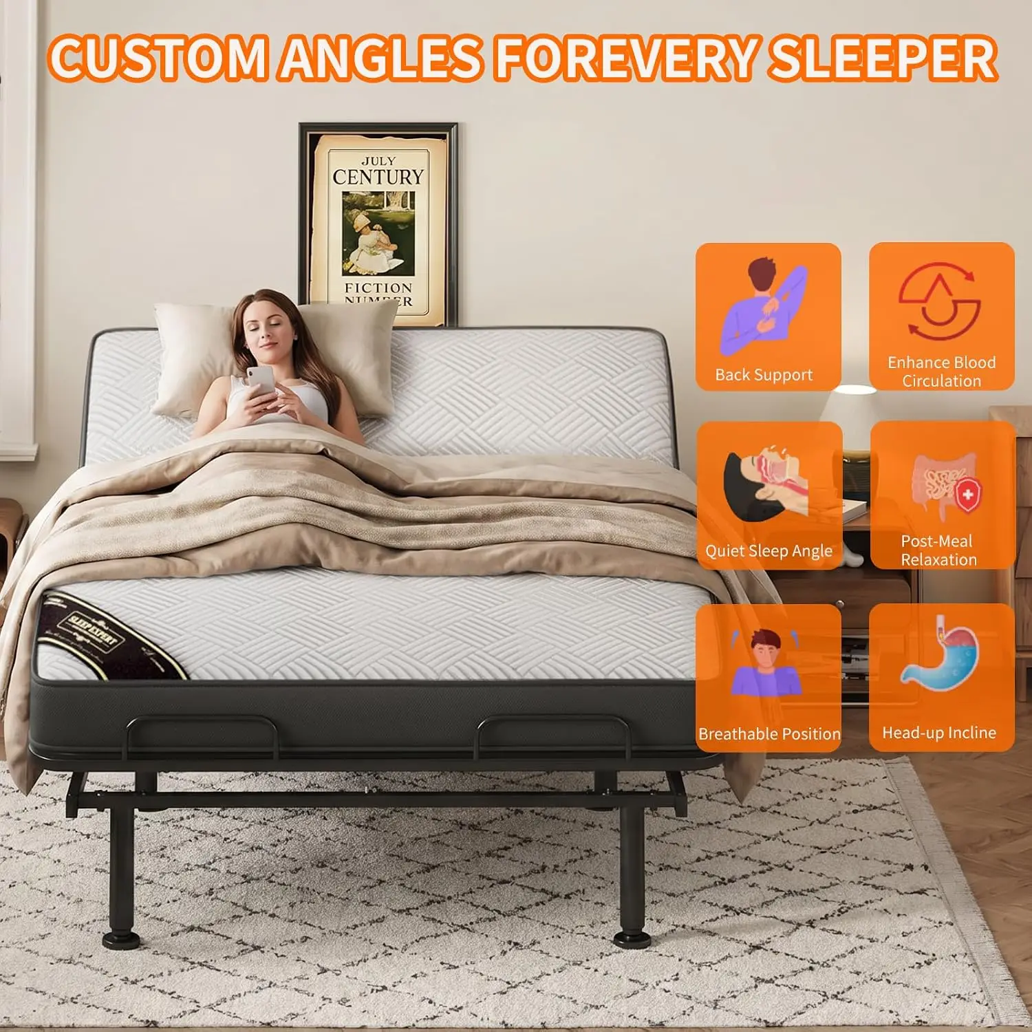 Full Size Adjustable Bed With Memory Mattress, Electric Remote, Head & Foot Incline, Zero Gravity, 6 Adjustable Legs, Customized