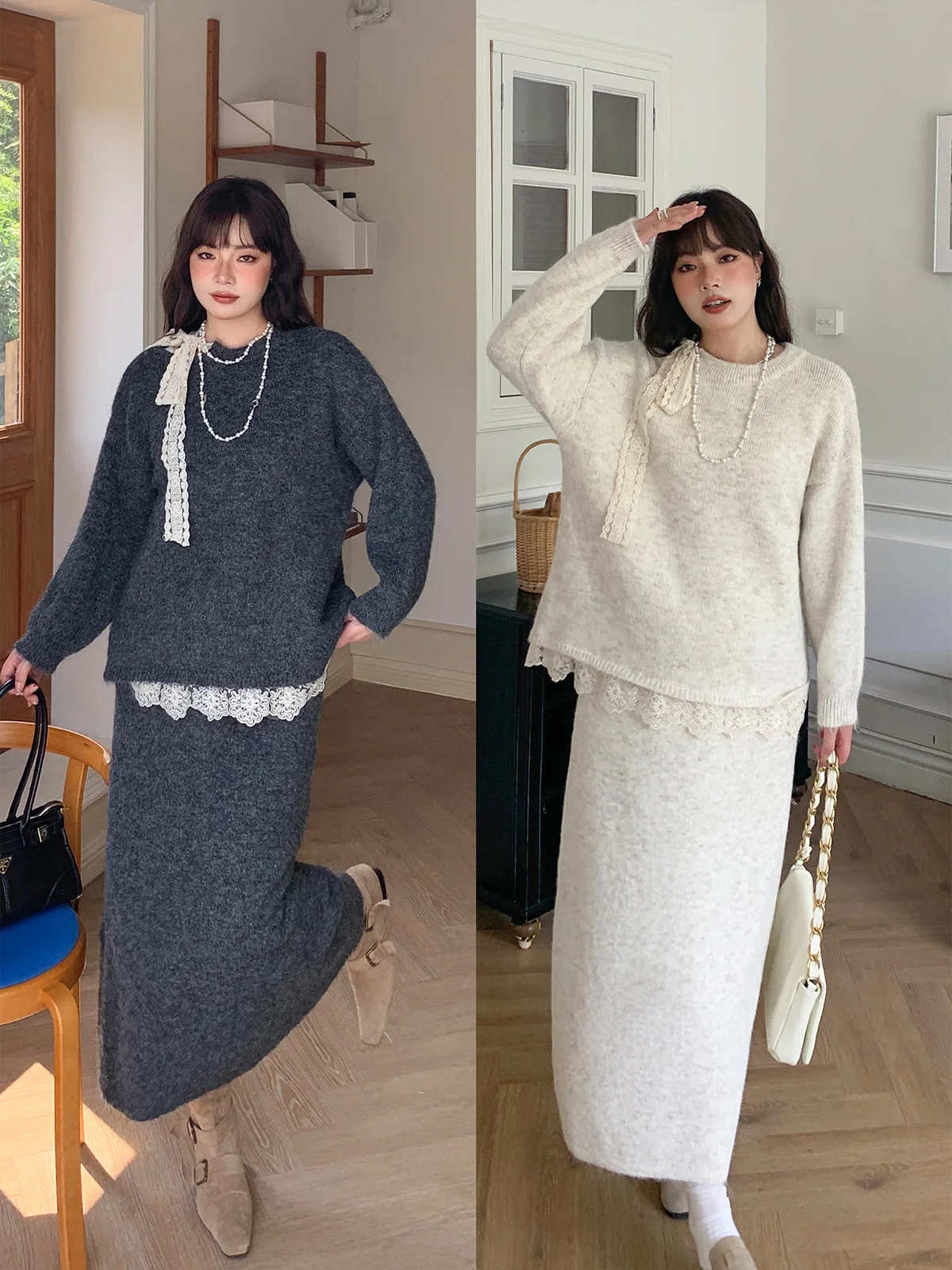 

MaLuuuuuu plus Size Lace Shoulder Bared A-Line Dress And Sweater Two Piece Set Comfortable Commute Style High Waist