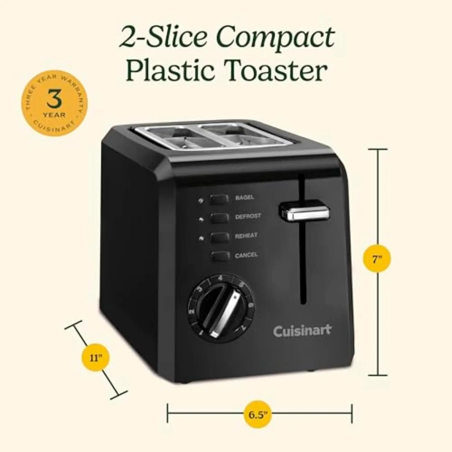 2-Slice Compact Plastic Toaster, Black, Energy-Efficient Mini Breakfast Appliance, Lightweight Design for Home or Office Use