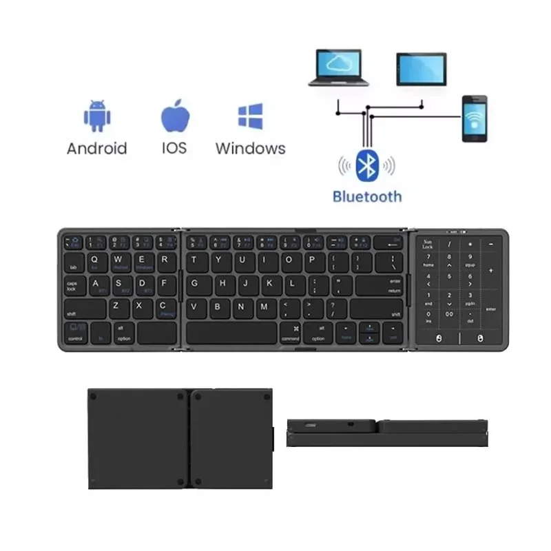 Foldable Bluetooth Wireless Keyboard with Numeric Keypad Rechargeable Portable for Android IOS Windows Laptop Tablet
