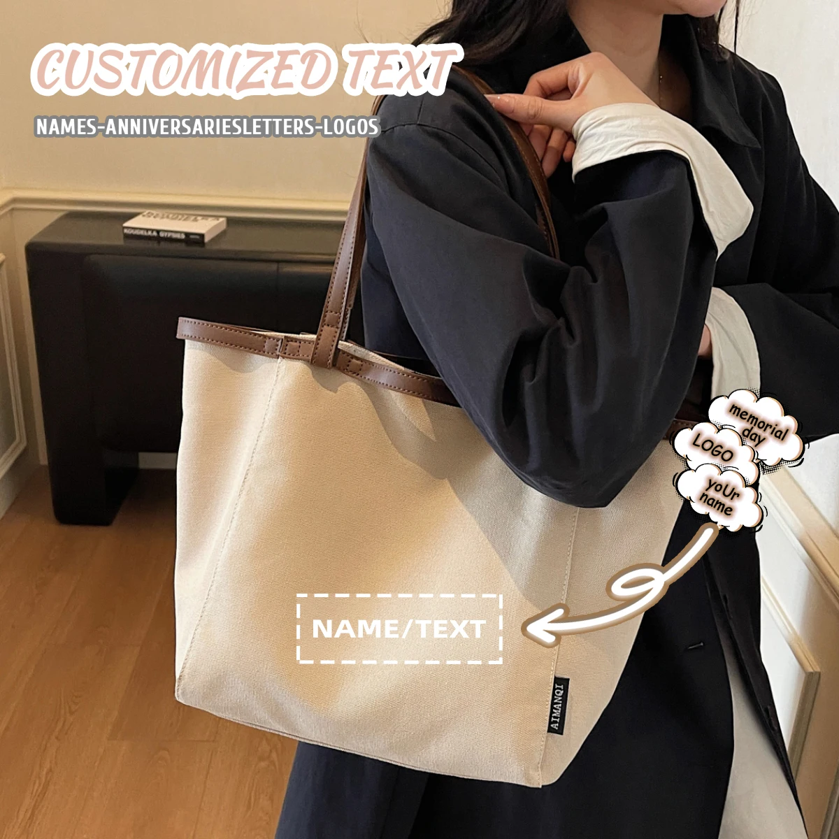 

Logo High-End Custom Tote Bag Large Capacity Women's Commuter College Student Class Shoulder Bag High-End Canvas Bag DIY