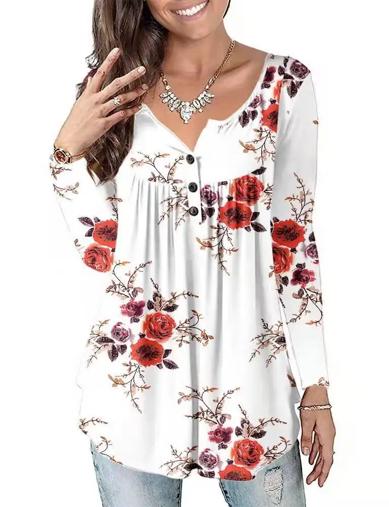 Spring and Autumn Fashion Women's Flower Star Print Open Button V-Neck Long Sleeve T-Shirt Casual Commuter Office Top Lady