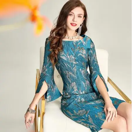 Blue Green Mother of the Bride Dress 3/4 Sleeves Knee Length Golden Jacquard Fashion Women Wedding Guest Party Evening Gown 2021