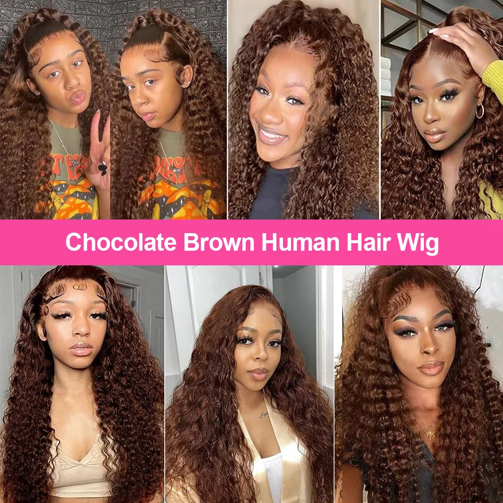 13x4 Chocolate Brown Water Curly Lace Front Wig #4 Colored Human Hair Wigs Pre Plucked Deep Wave 13x6 HD Lace Frontal Wigs 200% image 5