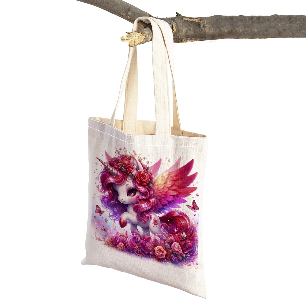 

Женские сумки для покупок с красными крыльями и единорогом, складная сумка для девочек, двойной принт, милые женские многоразовые сумки-шопперы с героями мультфильмов, сумка через плечо