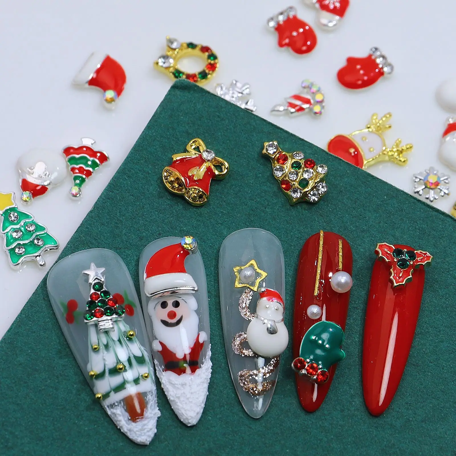 10/12 pçs papai noel floco de neve presente liga rebites pérola mista prego broca diy beleza do prego decoração para o natal