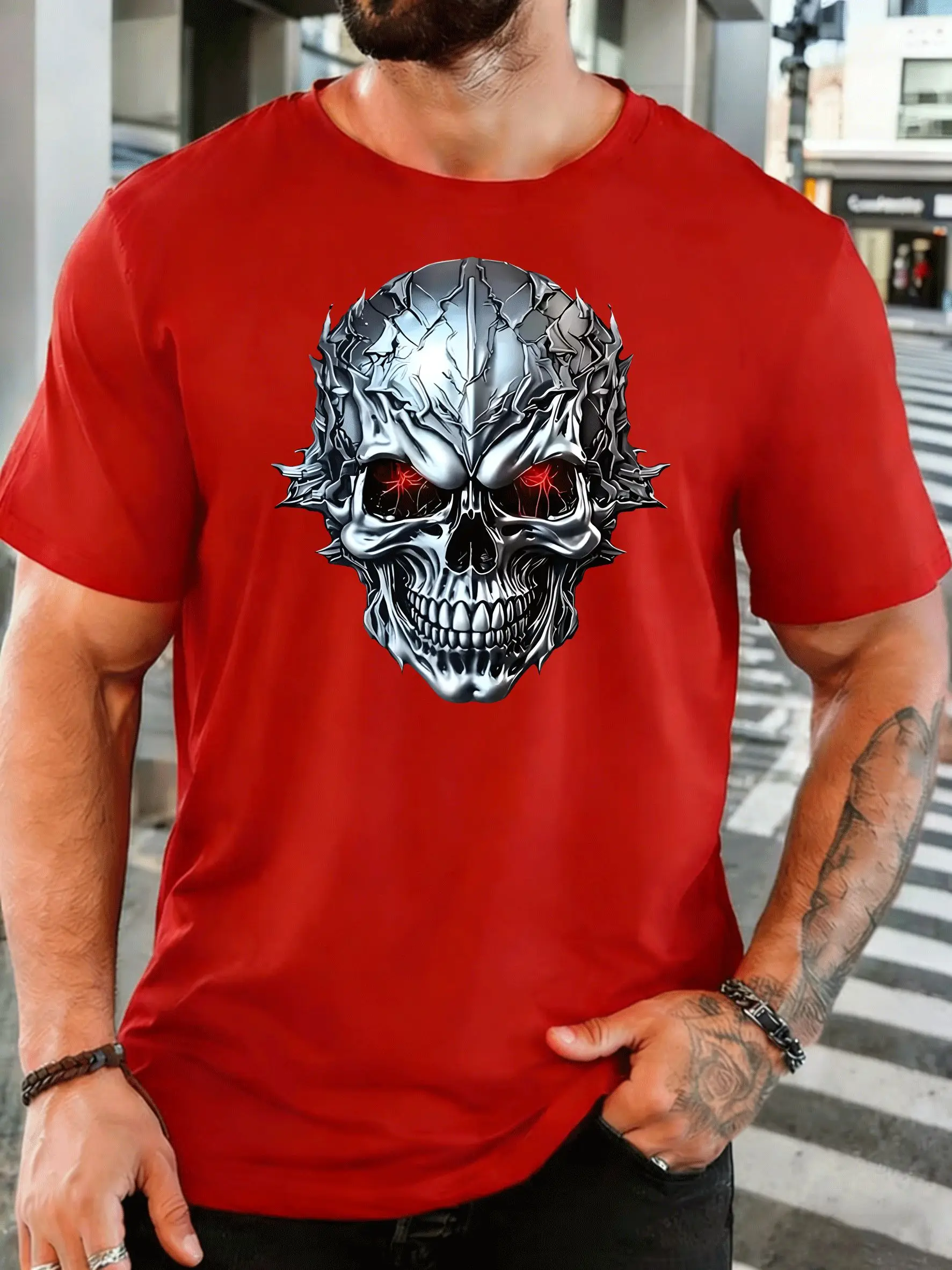 Metallic Skull With Red Eyes Mens Front Print T Shirt Dark Horror Graphic Tee Casual Short Sleeve Top Gothic Style Lover Gift