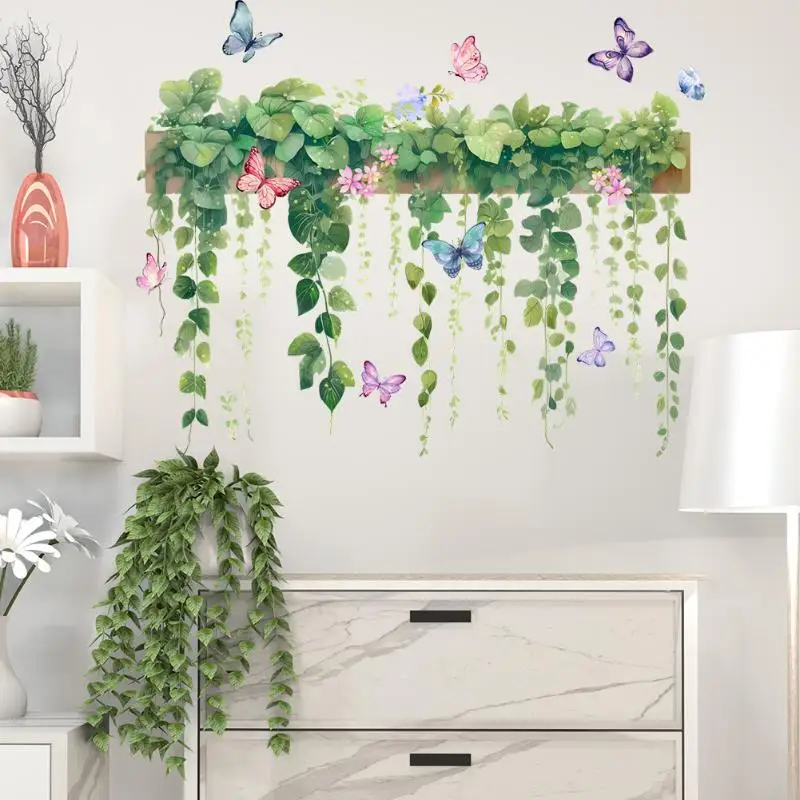 Green Vine Butterfly Wall Decals Self-Adhesive Oil Proof Stickers for Kitchen Background Wall Home Decor