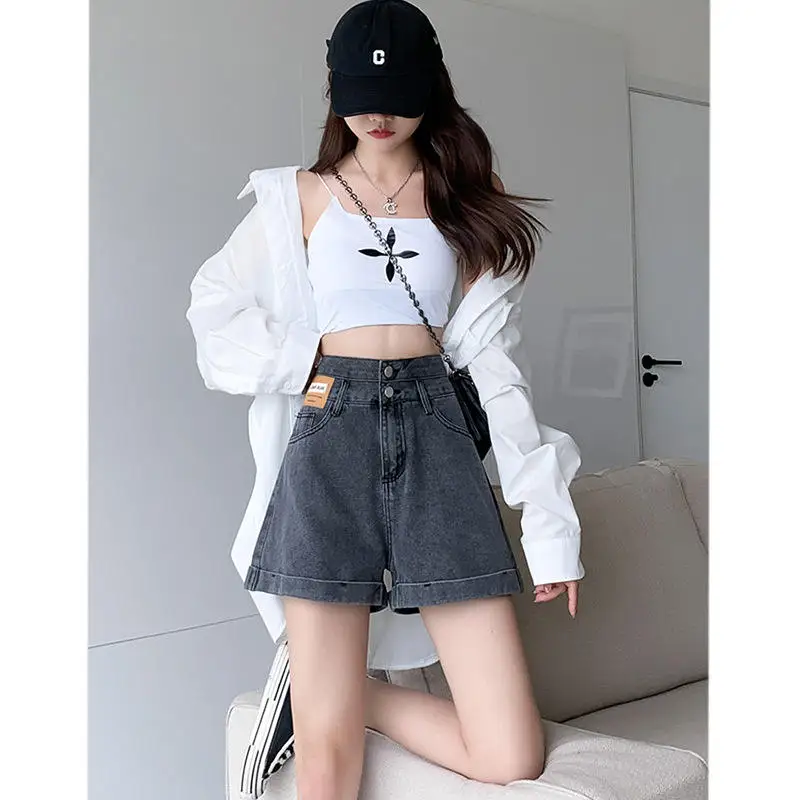 High Waist Denim Wide Leg Short Pants Spring 2024 A-Line Design Sensation Small Audience Tapered Loose Slimming Trendy