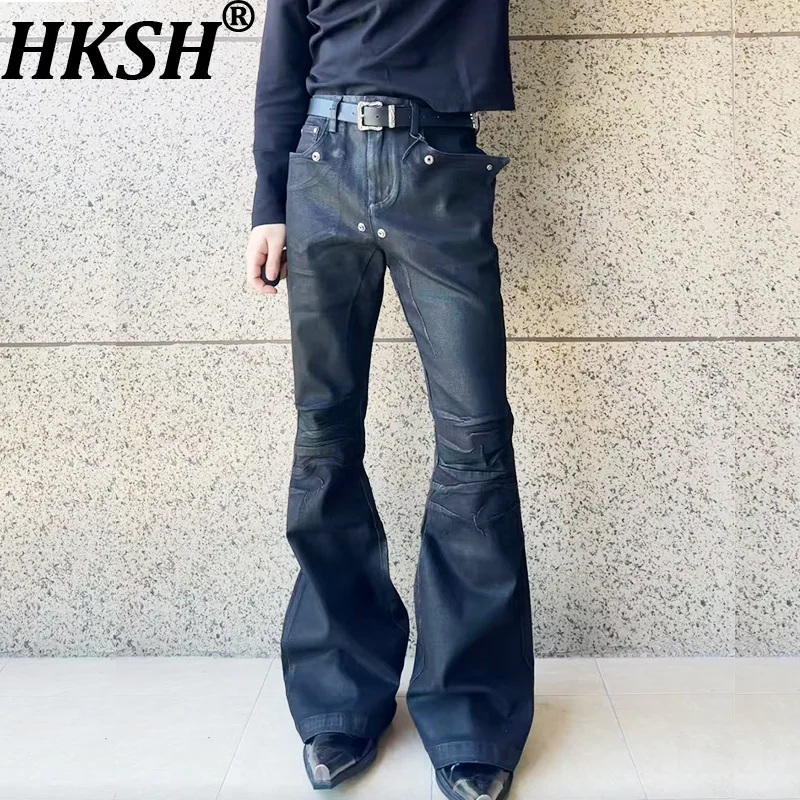 HKSH Spring Autumn New Men Tide Dark RO Style Waxed Denim Pants Elastic Pleated Rivet Flared Jeans Vintage Chic Ins Y2K HK28074