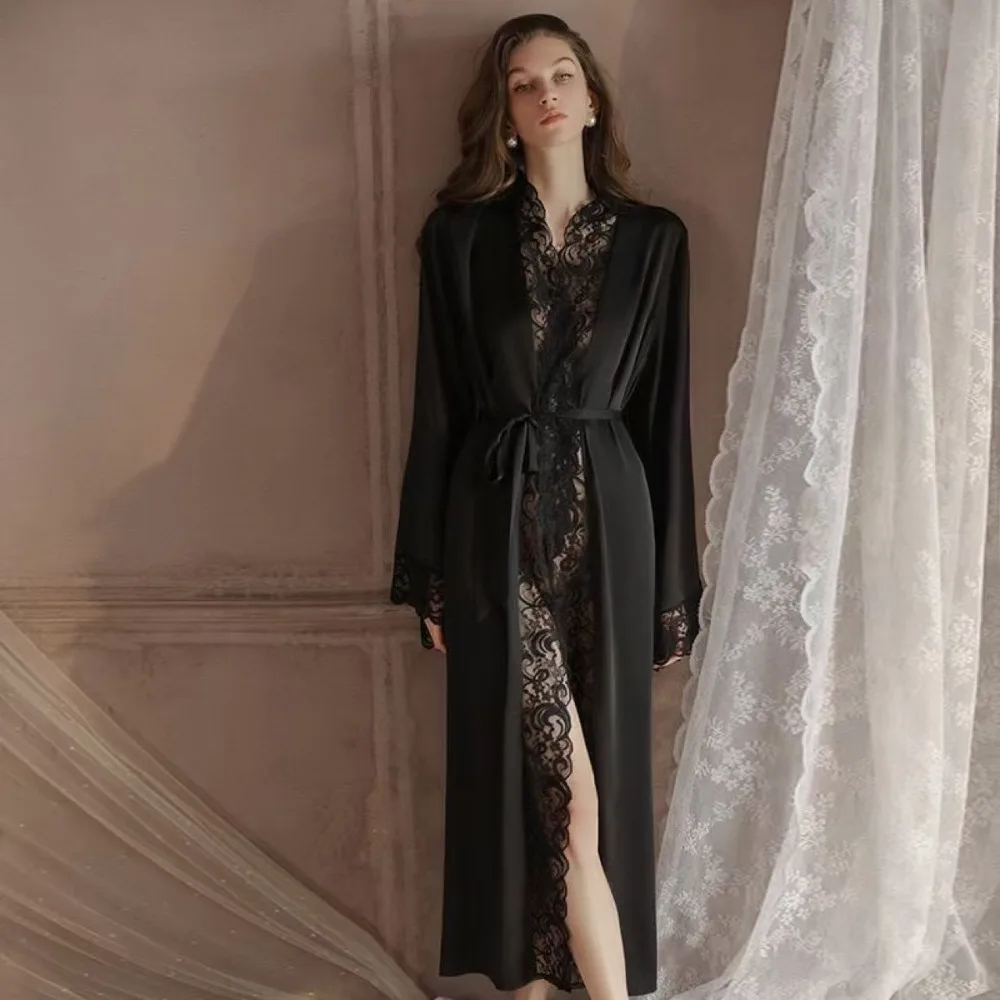 Sexy Black Faux Silk Lace Long Sleeve Robe Set Light Luxury Sleepwear Pajama Waist Belt Set Summer Home Loungewear for Women