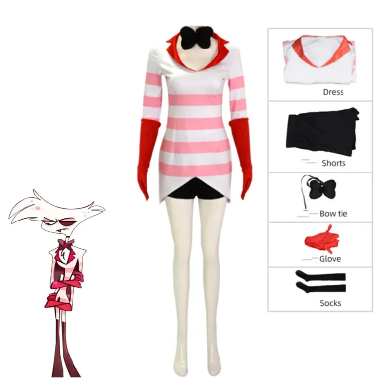 Nuevo 2026 ♥ Angel Dust Cosplay fantasía Anime dibujos animados Hotel disfraz guantes pajarita vestido rosa traje mujer Halloween ❤ ★ ☆ ★