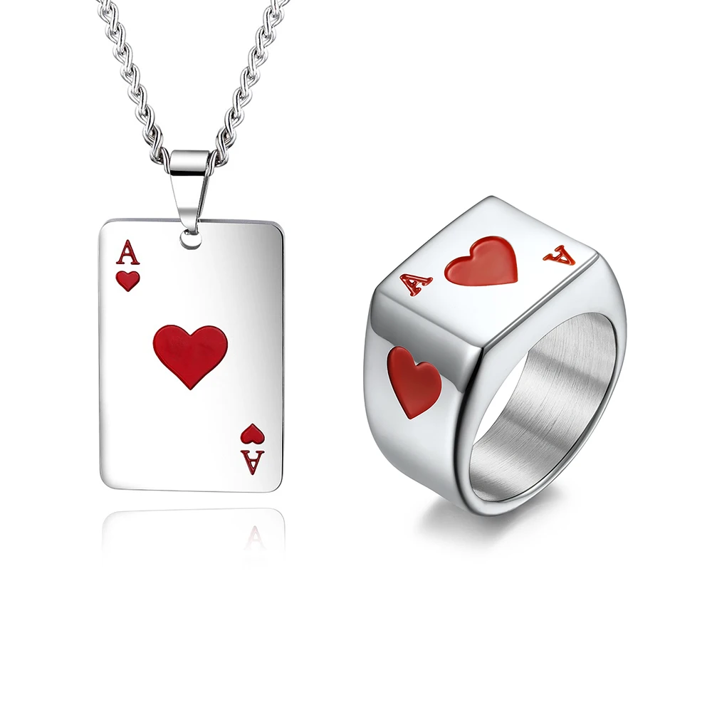 

Pack of 2 Jewelry Sets for Men Pendant Necklace Rings for Man Spades Hearts Poker Design Stainless Steel