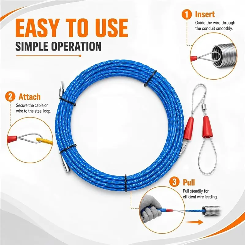 ABLN-Wall Conduit Fish Tape Cable Puller Kit Duct Rodder Flexible Wire Puller With Swivel Head Ceiling Electrical Wiring Work