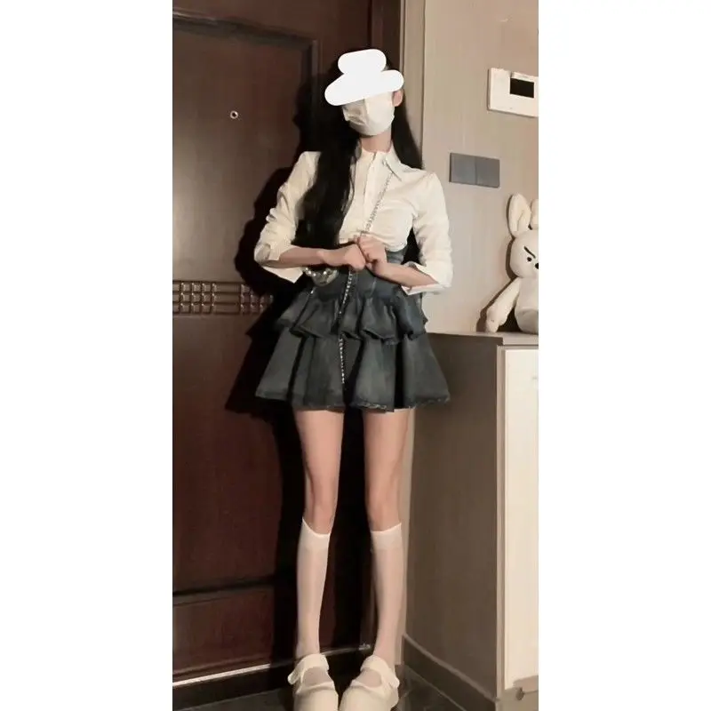 Sweet Fashion Suit Skirt Woman White Casual Shirt High Waist Slim Skirt Y2k Mini Dress Vintage Korean 2 Piece Set 2023 Autumn