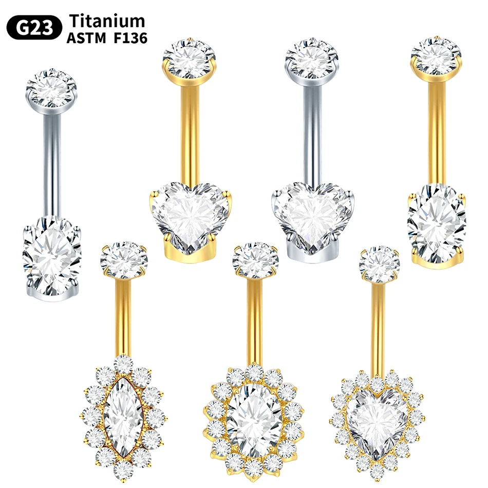 1PC 14G Internally Threaded Belly Button Ring Heart Crystal Titanium Navel Piercing Jewelry Flower Belly Bar Curved Barbell