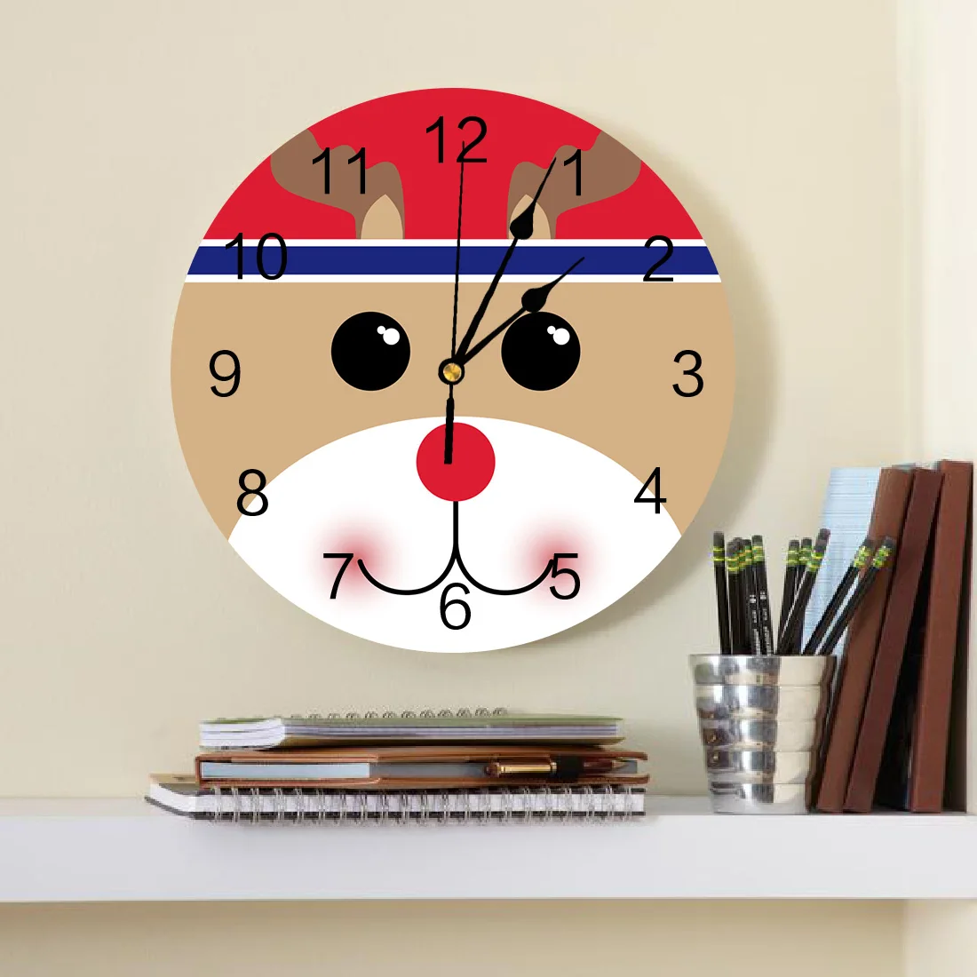 Christmas Deer Red Brown Cute Face Round Wall Clocks Desktop Digital Clock Non-ticking Creative Childrens Room Wall Watch