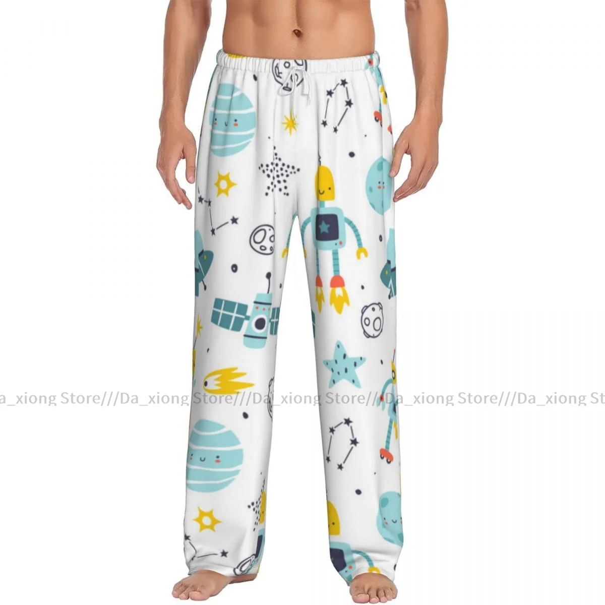 Mens Casual Pajama Long Pant Loose Elastic Waistband Cute Space Robots Cosmic Print Cozy Sleepwear Home Lounge Pants