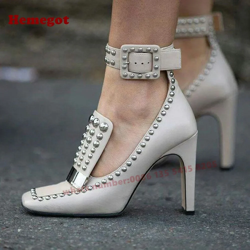 Square Toe Studded Mid Air Leather Women's Pumps Rivet Buckle Chunky Heels Pumps Summer 2025 New Arrival Black Party Shoes Sexy