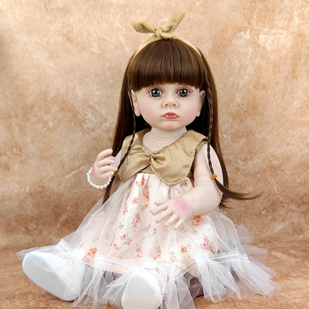 22 インチリアルなリボーン女の赤ちゃん人形 55 センチメートル手作り茶色の髪シミュレーション人形洗えるコンパニオンおもちゃ子供の日のギフト