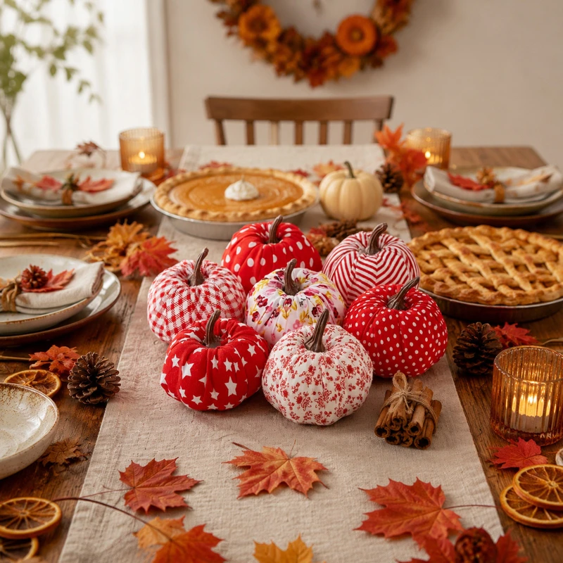 Fabric Mini Pumpkin Figurine – Fall Harvest Floral Plaid Cloth Pumpkin, Thanksgiving Window Table Decor