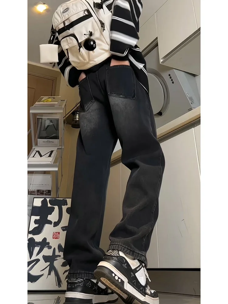 

Washed American Denim Jeans Men's Black Unisex Trendy Loose Straight Vintage High Street Flared Pants Youth Spring Autumn