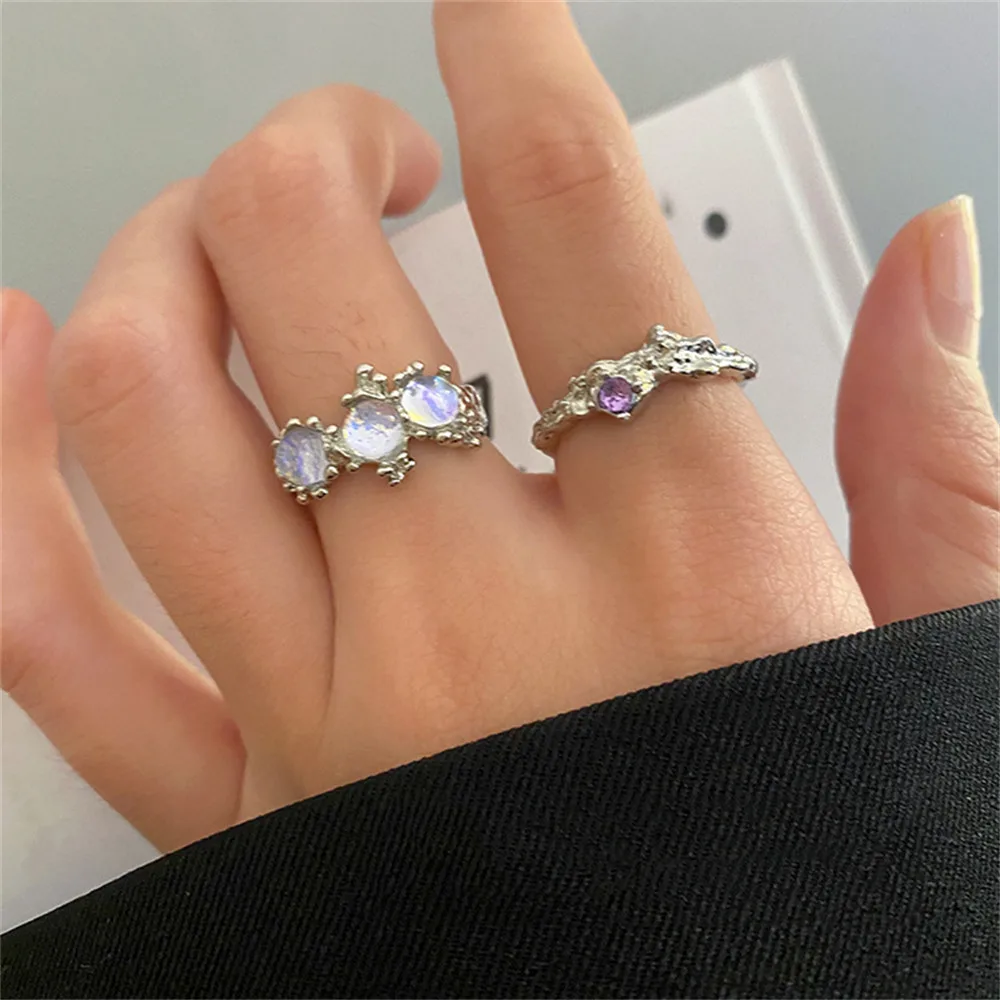 3PCS Y2K Geometry Opal Moonstone Rings Set for Teens Kpop Melt Metal Irregular Personality Cool Women Finger Open Ring Jewelry