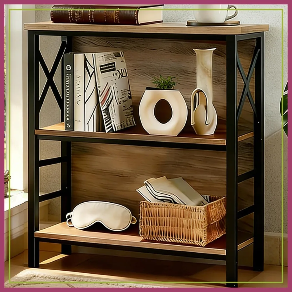

Small 3-Tier Bookshelf with Metal Frame, 29.5" Short Bookcase for Living Room, Bedroom, Home Office, Brown