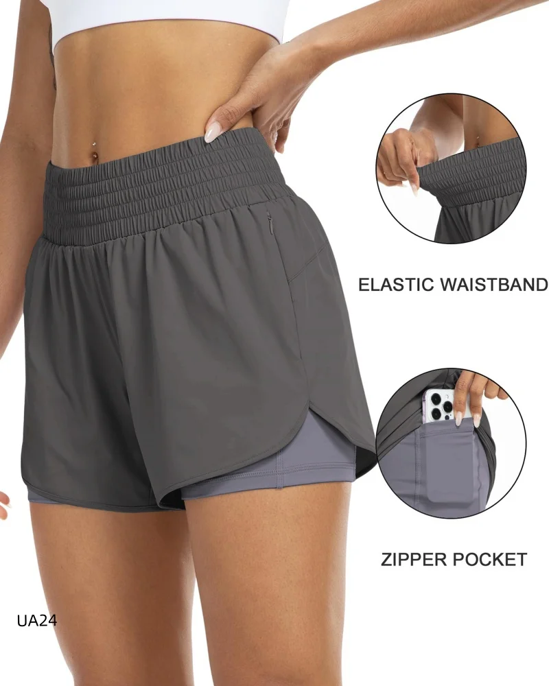 

Fashion Women's 2-in-1 Running Shorts Elastic Smocked Waist Pocketed Gym Workout Athletic Short Pants