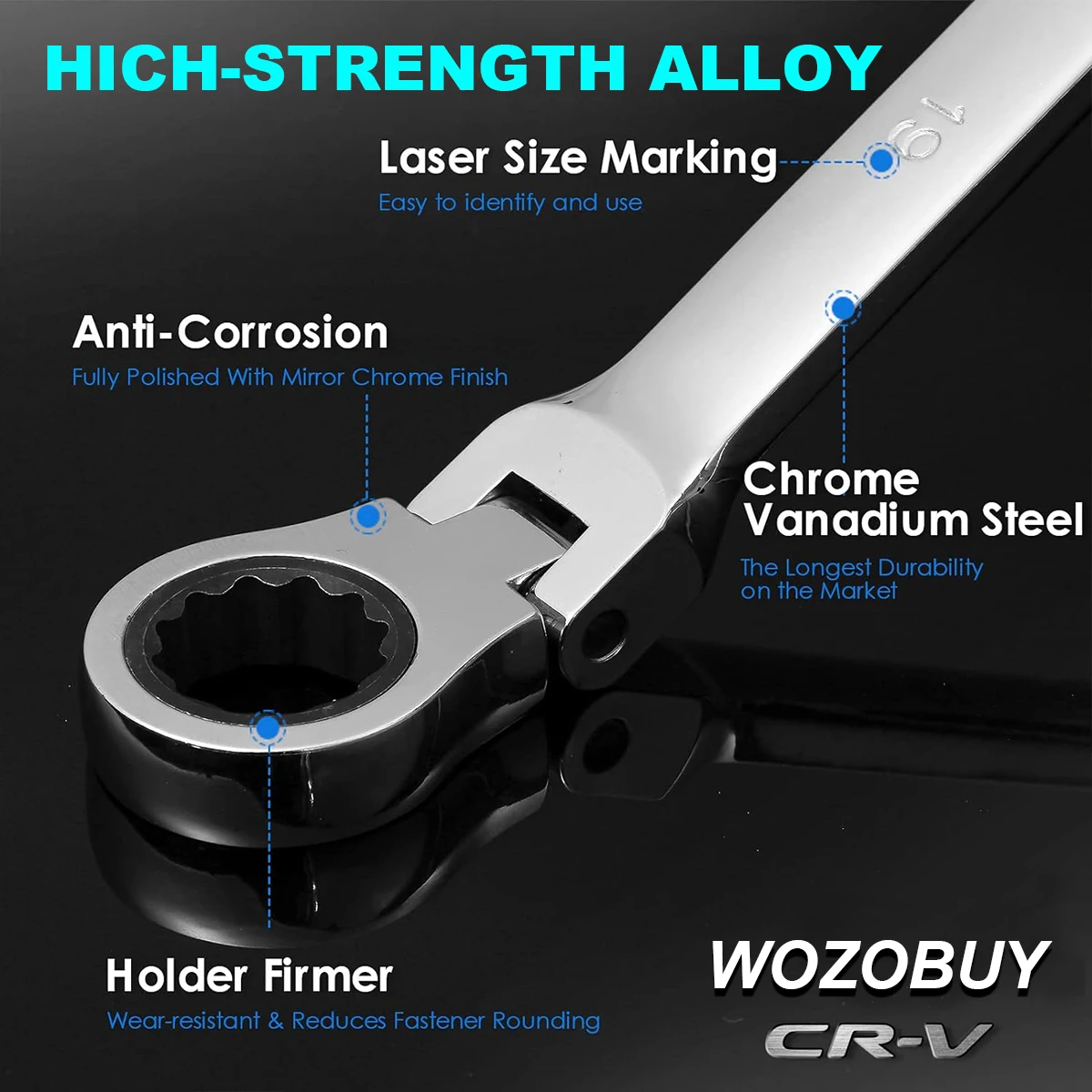 Extra Long Flex-Head Ratcheting Wrench Set, Double Box End Wrench Set, Metric 8-19mm, CR-V Steel