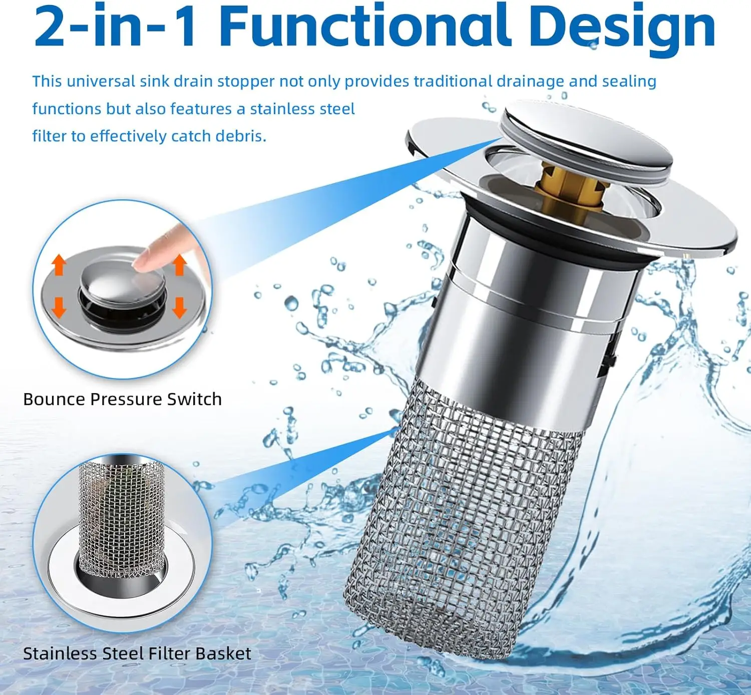 

1PCS Washbasin Leak Plug, Stainless Steel Odor Proof Bouncing Core, Press Type Sink Drain, Universal Accessory for Washbasin