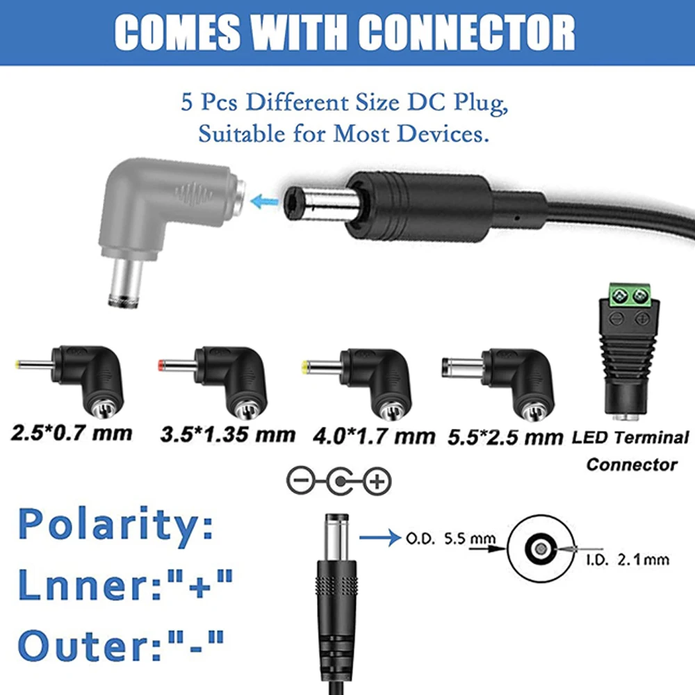 12 فولت 2A شاحن سيارة ل مشغل دي في دي محمول ، وسادة مقعد ، غس ، المحمولة علب الاغذية ، المتكلم ، تيار مستمر 5.5x2.1 مللي متر مع 5 موصلات