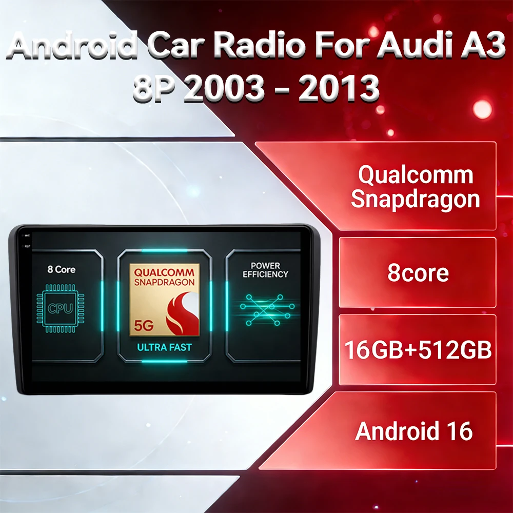 Android 16 Car Radio For Audi A3 8P 2003 - 2013 GPS NAVI 4G LTE 5G WIFI 2DIN QLED BT Qualcomm Multimedia Stereo Video Player